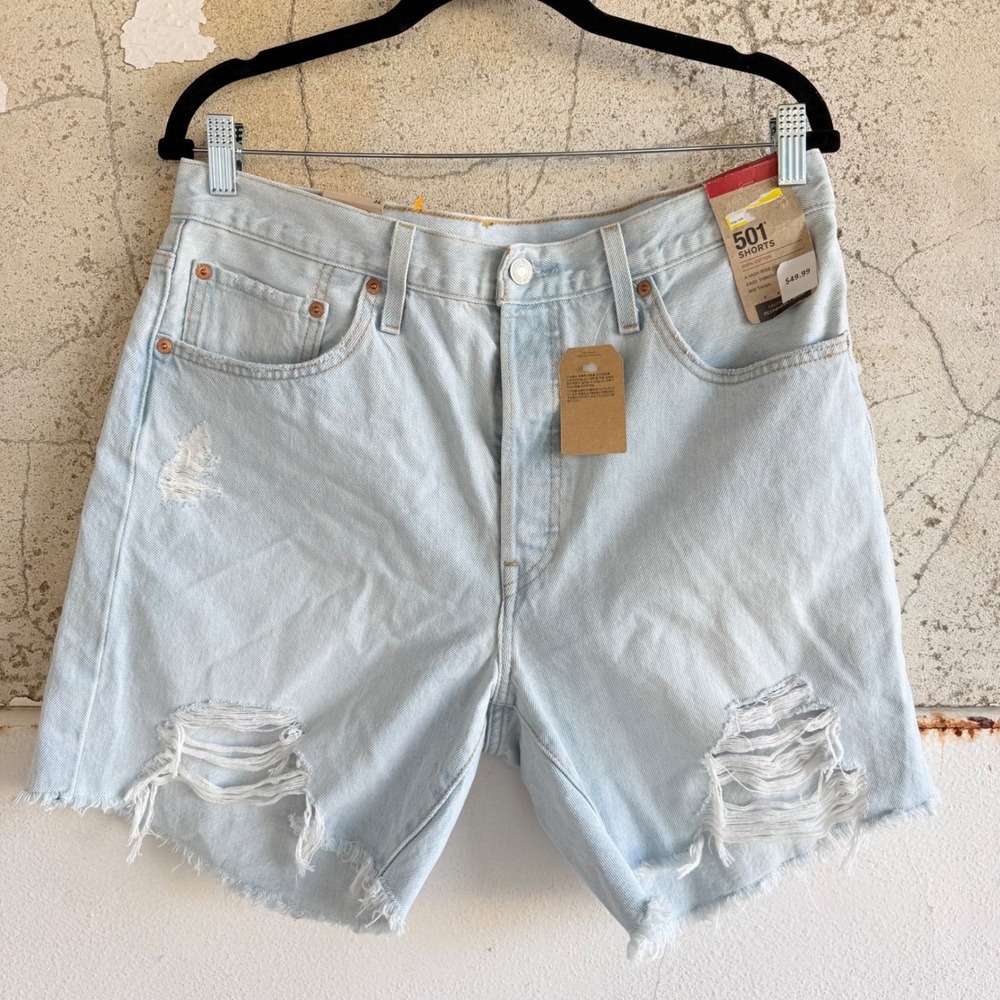 Levis 501 Jean Shorts‎ High Rise Distressed Denim Light Wash Blue W32 NWT